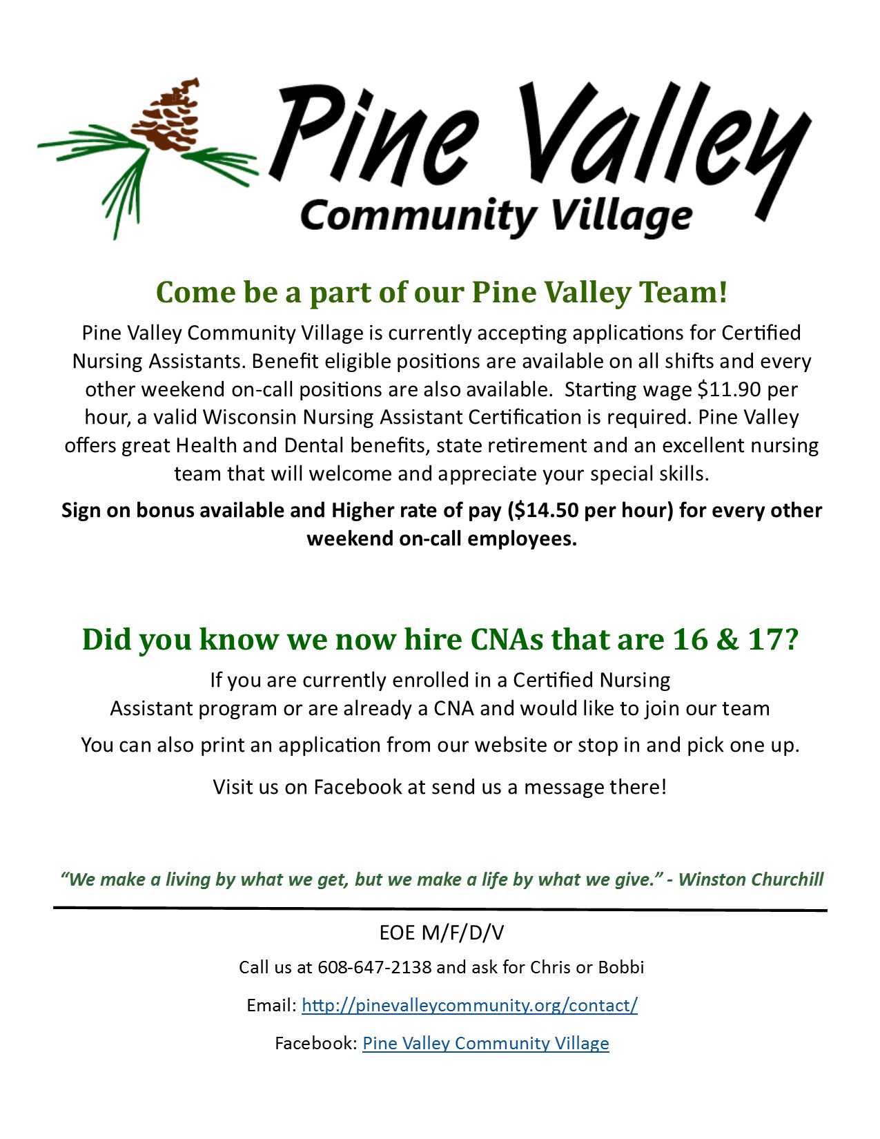 Come be a part of our Pine Valley Team! - Pine Valley ...